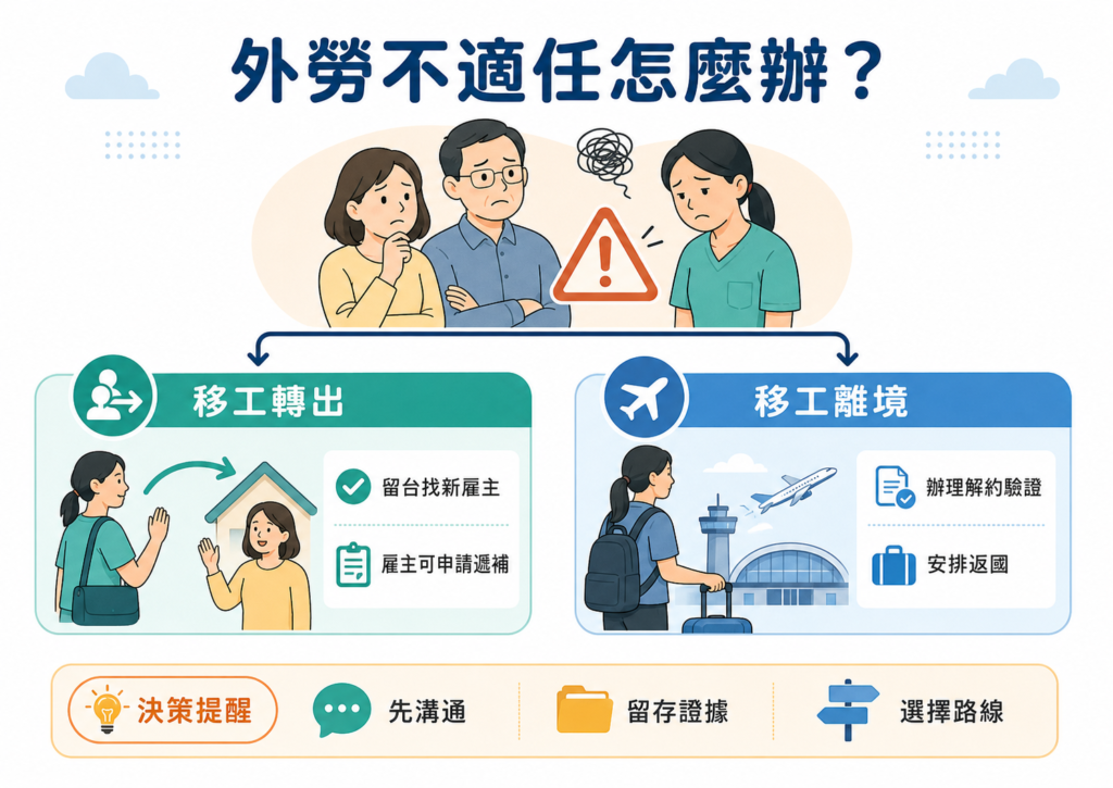 外勞不適任時可選擇移工轉出或移工離境兩種合法處理方式