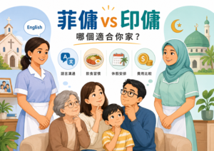 菲傭印傭比較，說明菲律賓籍與印尼籍家庭幫傭在語言、飲食、休假與費用上的差異