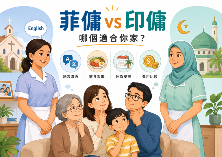菲傭印傭比較，說明菲律賓籍與印尼籍家庭幫傭在語言、飲食、休假與費用上的差異