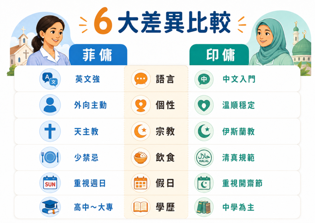菲傭印傭比較表，整理語言、個性、宗教、飲食、假日與學歷六大差異