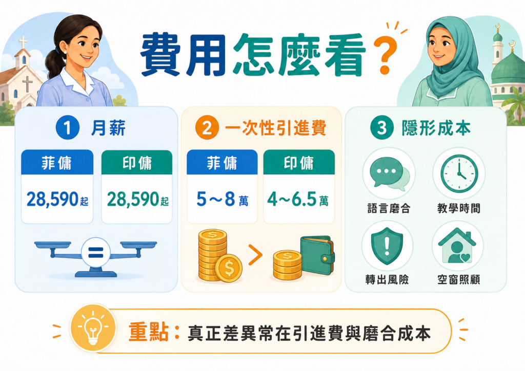 菲傭印傭費用比較，說明月薪相同但一次性引進費與磨合成本不同