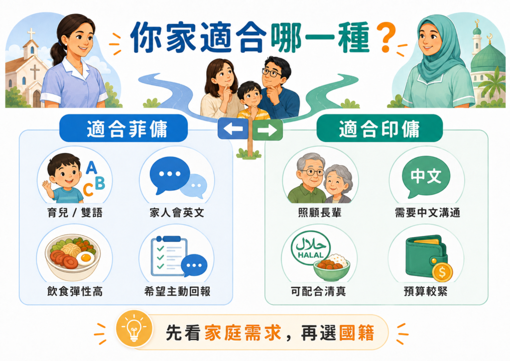 菲傭印傭比較決策圖，依家庭需求判斷適合聘僱菲傭或印傭
