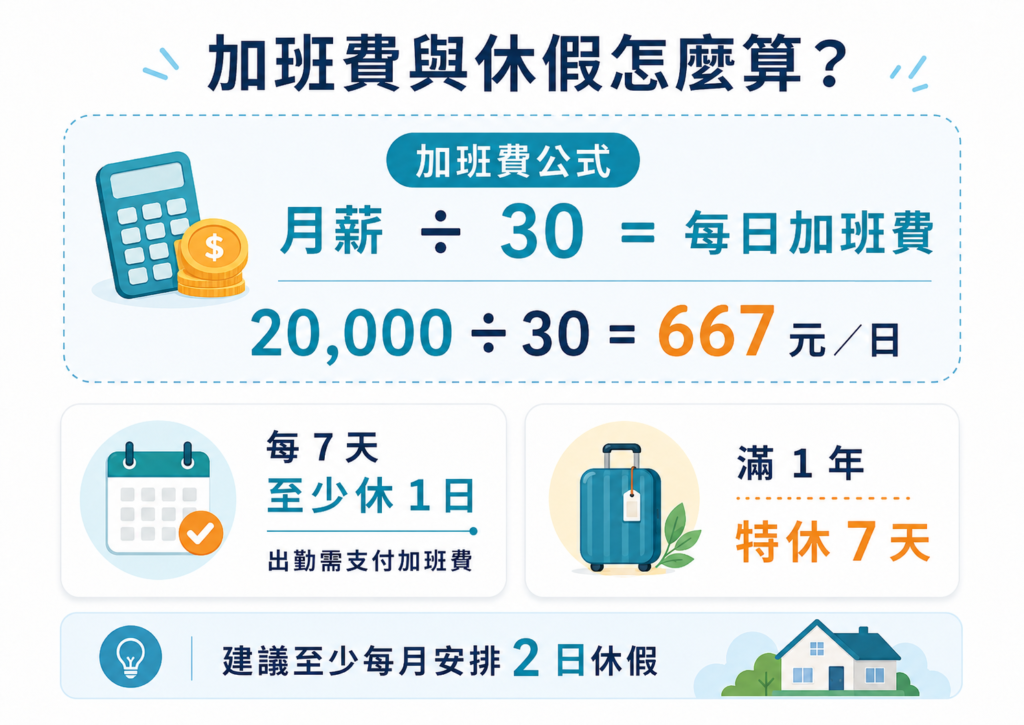 外勞看護薪資加班費計算示意圖，月薪除以30計算每日加班費並說明休假規則